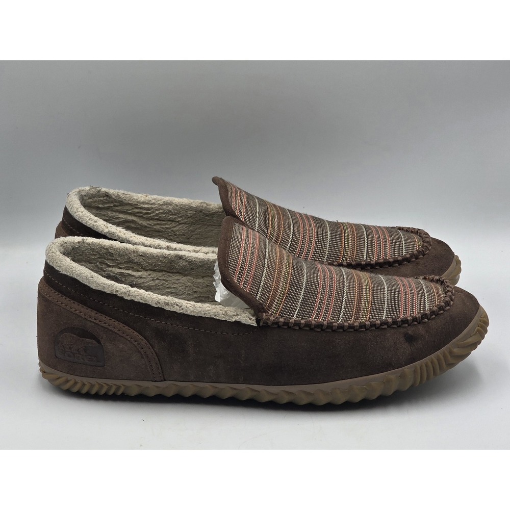 SOREL Dude Moc Slippers Men's 10 Umber Brown Suede Faux Fur Lined Gum